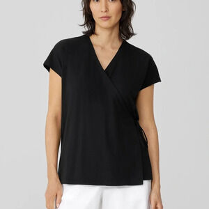 Eileen Fisher Black Knit Viscose Size S Short Sleeve Wrap Top Blouse